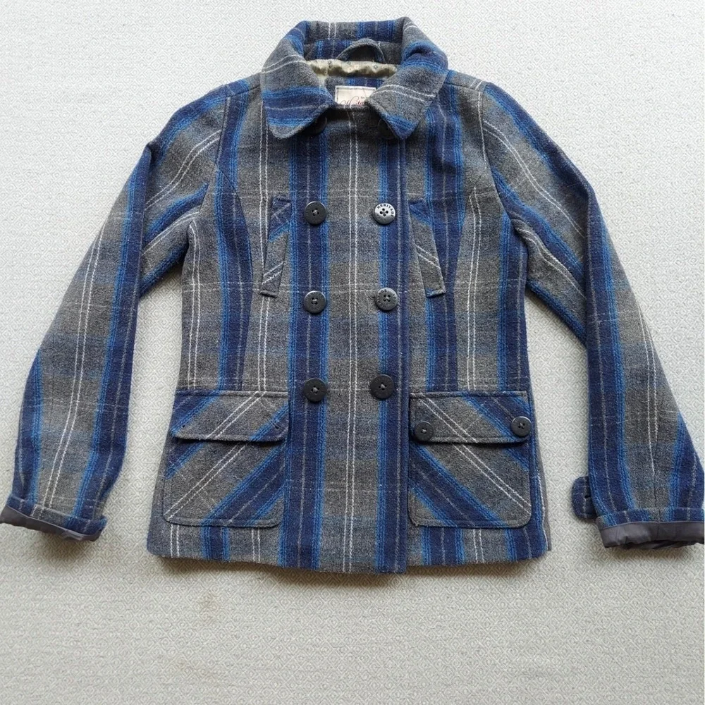 Heritage Pea Coat Women S Blue Striped Wool Blend Double Breasted‎ Jacket